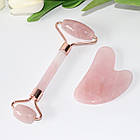 Набір ролик і скребок "галочка" для масажу ГуаШа з рожевого кварцу, фото 5