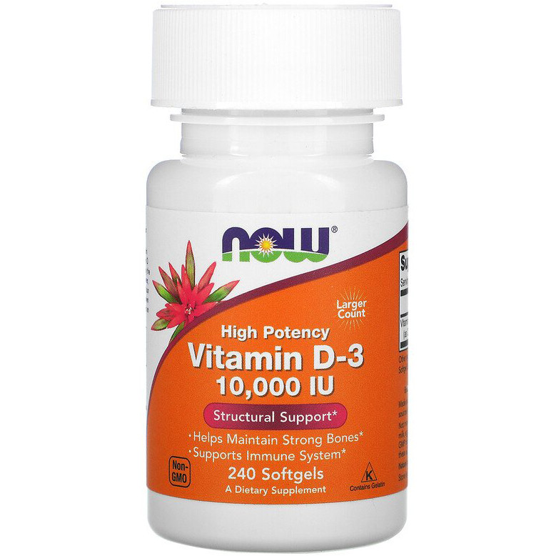 Вітамін D3 NOW Foods "Vitamin D3" високоактивний, 10000 МО (240 гелевих капсул), фото 1