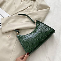 Жіноча маленька сумка через плече багет на ремінці рептилія крокодиляча шкіра зелена