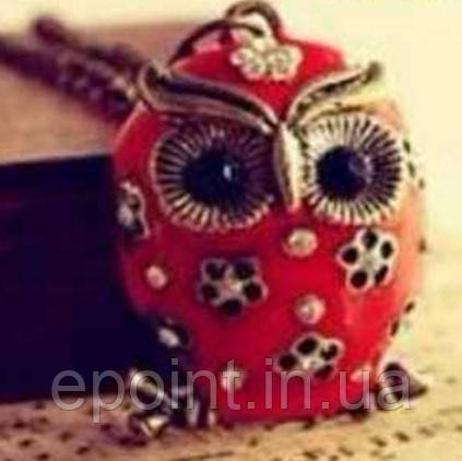 Модна підвіска прикраса "Сова" червоного кольору з декором із квіточок і білими кристалами, фото 1