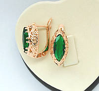 Різьблені сережки з зеленими цирконами маркіза позолота 18к.