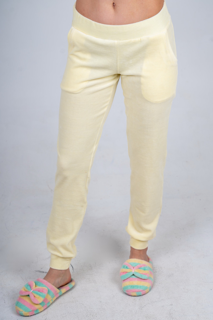 Штани спортивні жіночі велюрові з 2 кишенями світло- жовті, фото 1