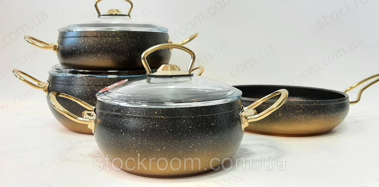 Набір посуду з антипригарним покриттям Casa Royal G-UKR 20200 black-gold з алюмінію 7 предметів
