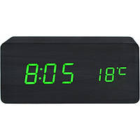 Деревянные Настольные часы VST-862 с термометром Чёрное дерево (зеленая подсветка)