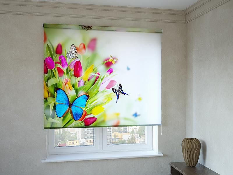 Рулонні штори з фотодруком метелики на тюльпанах, фото 1