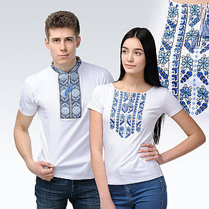 Комплект білих вишитих футболок для чоловіка та жінки ( синя вишивка)