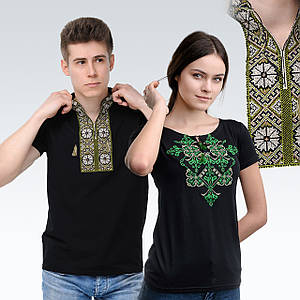 Комплект чорних вишитих футболок для чоловіка та жінки ( зелена вишивка)