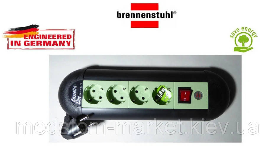 Подовжувач Brennenstuhl Casseta Line на 4 розетки з кнопкою чорно-салатовий 1,8 м