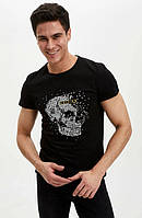Черная мужская футболка Defacto / Дефакто с черепом на груди Nothing