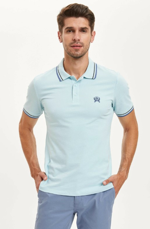 Блакитне чоловіче поло Defacto / Дефакто з синіми смужками на комірі та манжетах