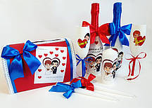 Весільні келихи, оформлення пляшок - Love Is, він і вона, свічки для сімейного вогнища, скринька для грошей