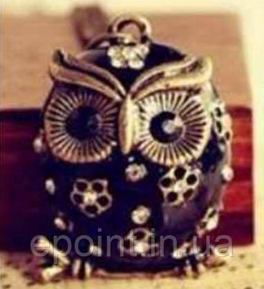 Модна підвіска прикраса "Сова" чорного кольору з декором із квіточок і білими кристалами, фото 1