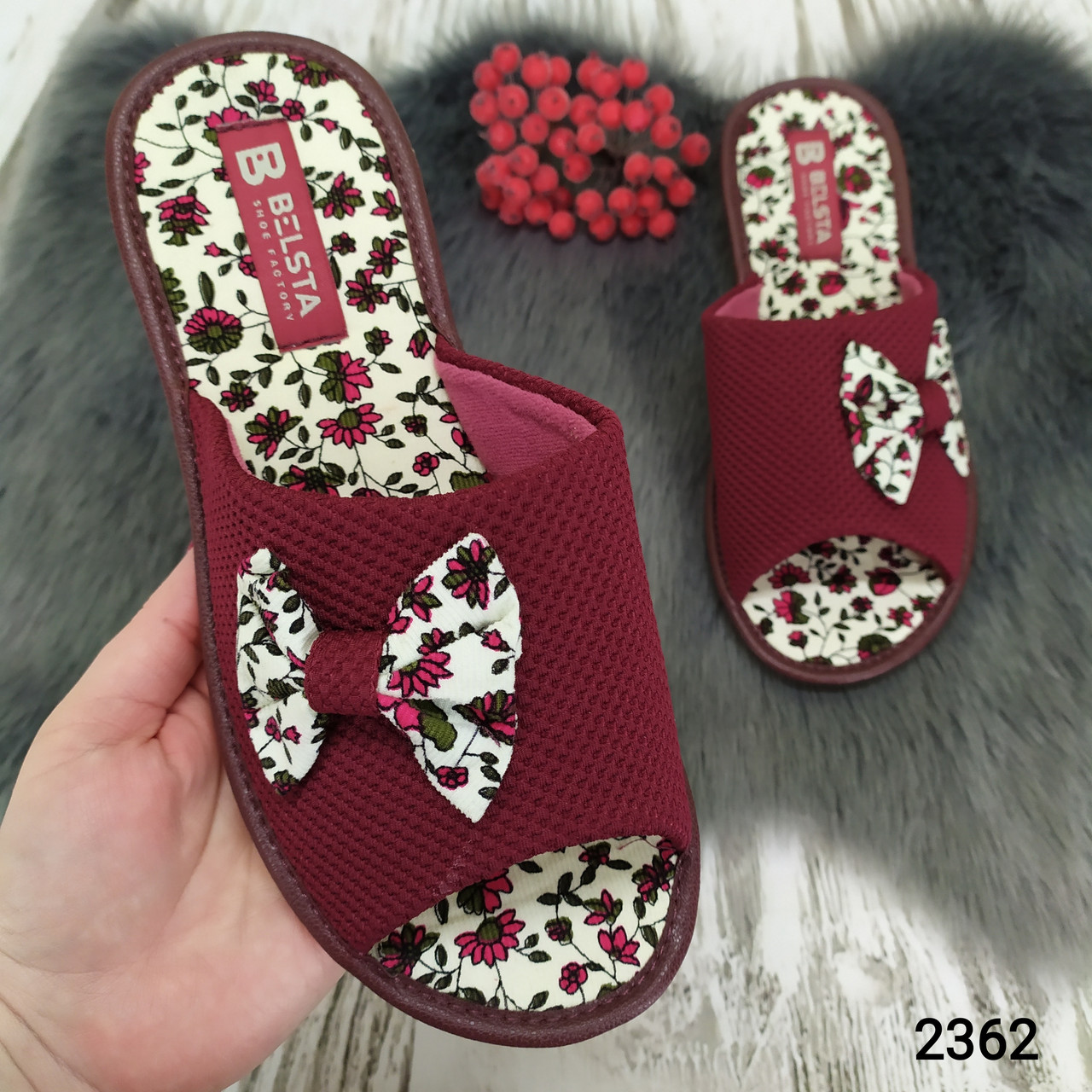 Жіночі кімнатні капці Белста з відкритим носком бордо