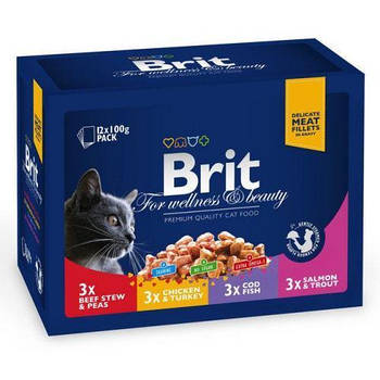 Вологий корм Brit Premium Cat набір паучей сімейна тарілка асорті 4 смаку, 100гх 12шт