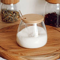 Стеклянная сахарница с деревянной крышкой+ стеклянная ложка