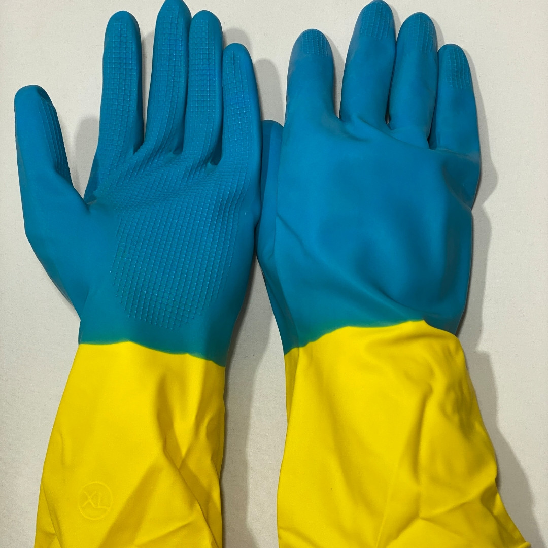 Рукавички латексні жовто-блакитні (XL- розмір)