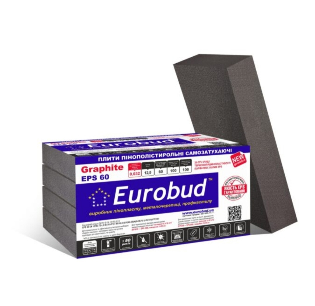 Пінопласт Graphite Євробуд Eurobud EPS 60 λD ≤ 0,032 60 BS ≥ 100 ρ ≥ 12.5 Кг/м3 (Товщ/листа 20-100), фото 1