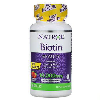 Natrol, Біотин, максимальна ефективність, полуниця, 10 000 мкг, 60 таблеток