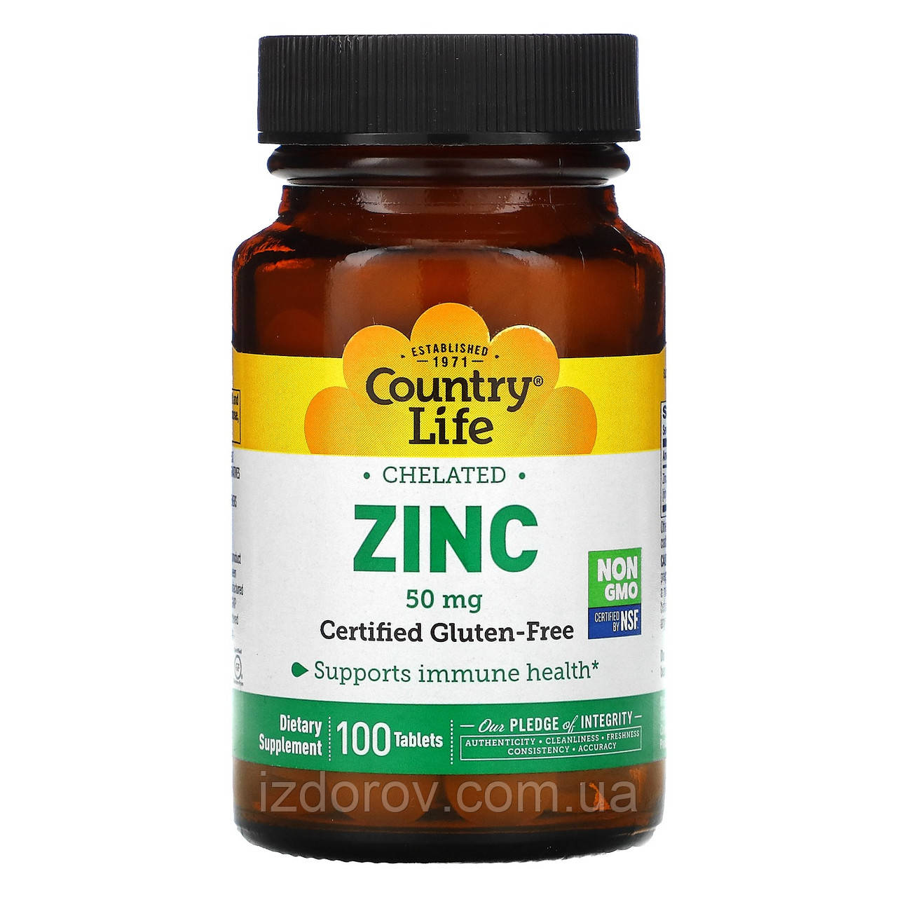 Цинк хелатний 50 мг Country Life Zinс Chelated для підтримки імунітету 100 таблеток