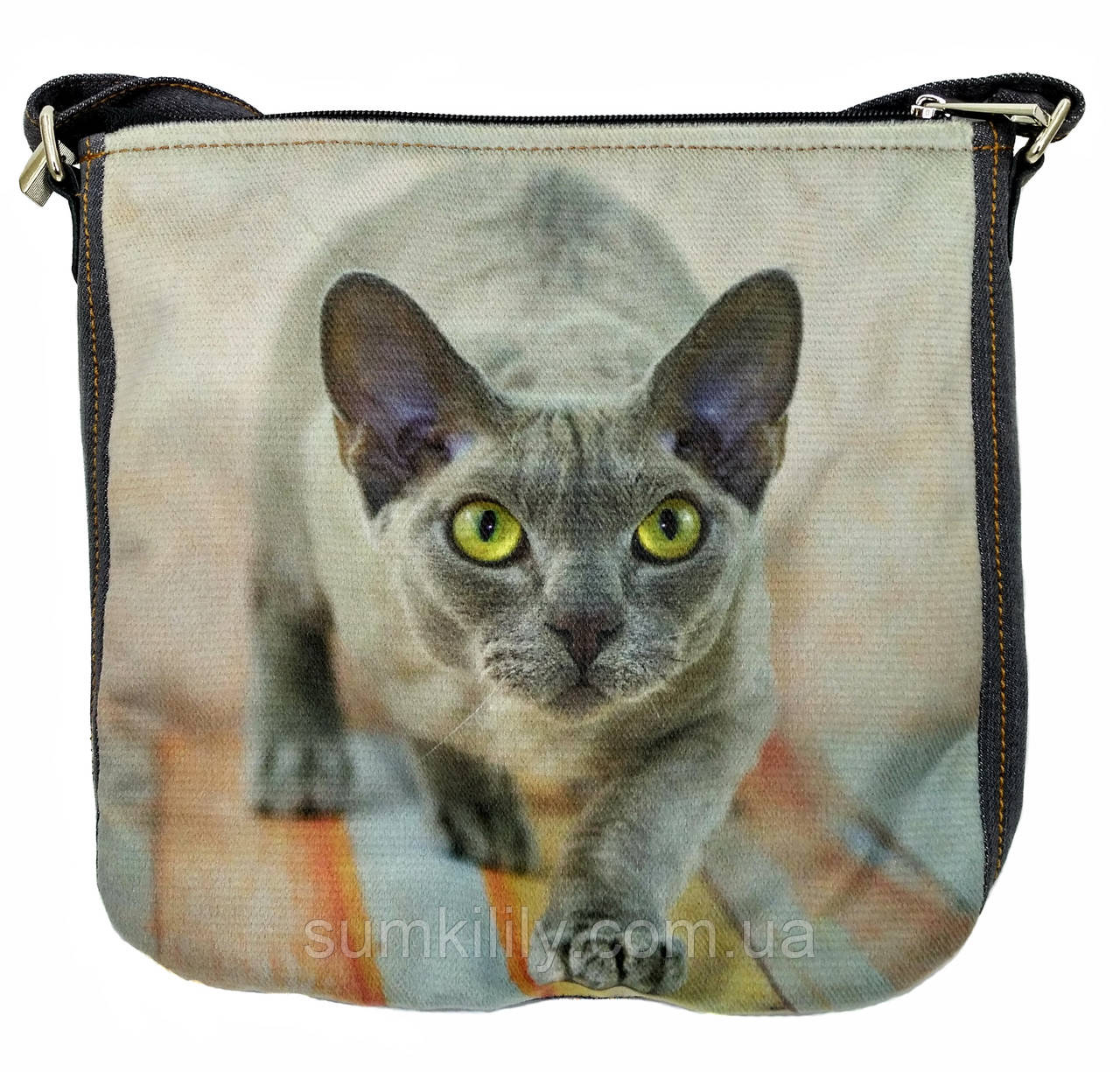 Джинсовая серая сумка с котом Девон Рекс 3