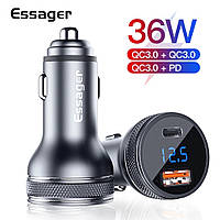 Зарядний пристрій в прикурювач авто для телефону Essager Car Charger USB + Type-C 36W.