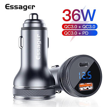 Зарядний пристрій в прикурювач авто для телефону Essager Car Charger USB + Type-C 36W.