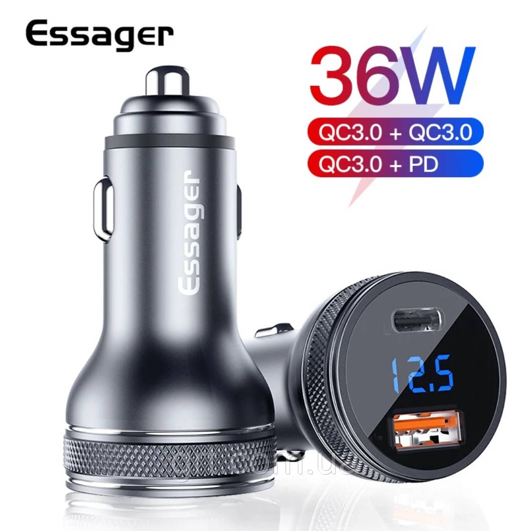 Зарядний пристрій в прикурювач авто для телефону Essager Car Charger USB + Type-C 36W.