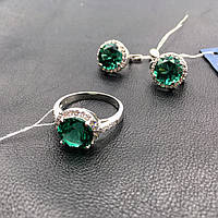 Серебряные серьги и кольцо зеленый кварц