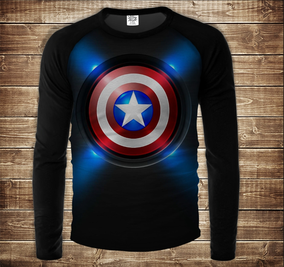 Лонгслив-реглан с 3D принтом: Торс Капітан Америка Щит Арт. Дорослі і Дитячі розміри ВСІ Розміри, фото 1