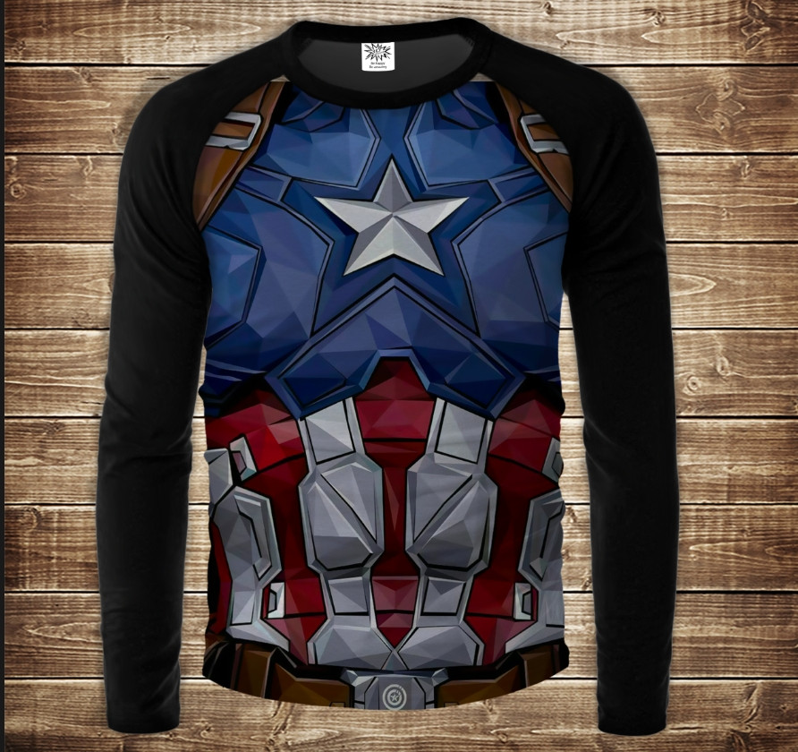 Лонгслив-реглан с 3D принтом: Торс Капітан Америка Арт. Дорослі і Дитячі розміри ВСІ Розміри, фото 1
