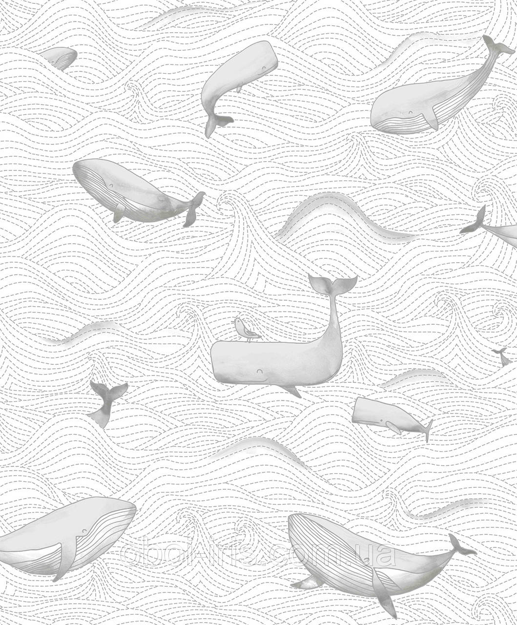 220730 обои Doodleedo International Нидерланды детские 10,05*0,53 волны киты белые светлые серые водный мир - фото 1 - id-p1401788662