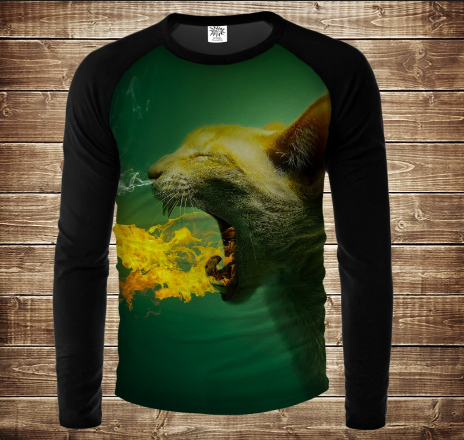 Лонгслив-реглан с 3D принтом: Котик дихає вогнем. Дорослі і Дитячі розміри ВСІ Розміри, фото 1