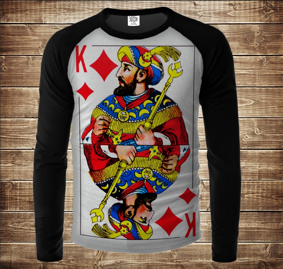 Лонгслив-реглан с 3D принтом: Гральні Карти. Бубновий Король. Дорослі і Дитячі розміри ВСІ Розміри, фото 1