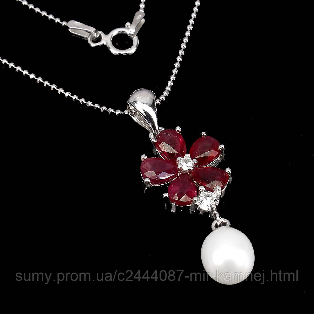 Кулон натуральний Перлин і Рубин (Мадагаскар). Срібло 925 покриття білим золотом 14 каратів, фото 1
