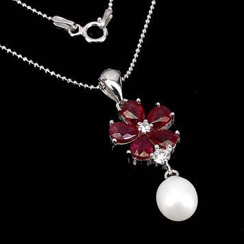 Кулон натуральний Перлин і Рубин (Мадагаскар). Срібло 925 покриття білим золотом 14 каратів