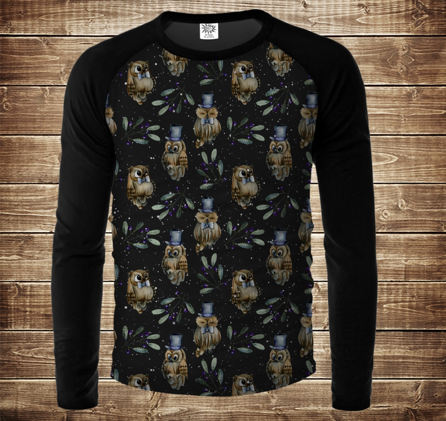 Лонгслив-реглан с 3D принтом: Сови і Філіни в шляпах. Дорослі і Дитячі розміри ВСІ Розміри, фото 1
