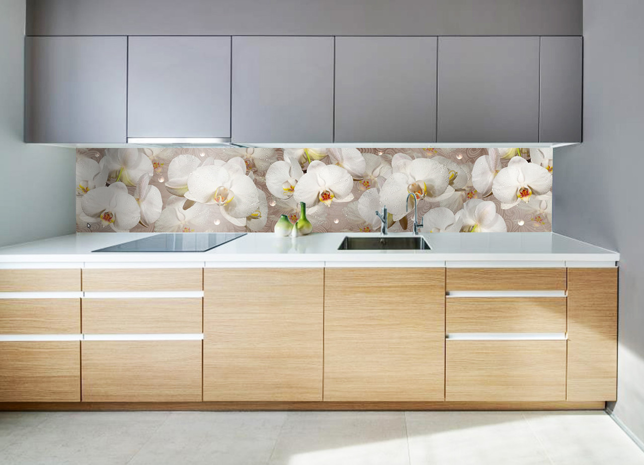 Скіналі на кухню "Орхідея й краплі роси" 600х2500 мм білий вінілова 3Д Наклейка кухонний фартух.Топ!