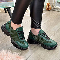 Кроссовки женские комбинированные на шнуровке, цвет зеленый