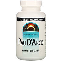 Source Naturals, Кора муравьиного дерева Pau D'Arco 500 мг, Пау Д'Арко, природный антибиотик, 250 таблеток