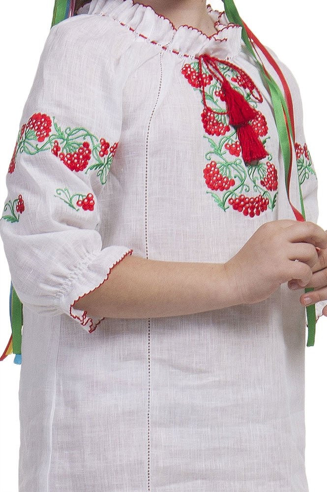Платье* для девочки с вышивкой в украинском стиле "Калиновое Бусы" выполнено на белом льне р.116см - фото 2 - id-p1400727354