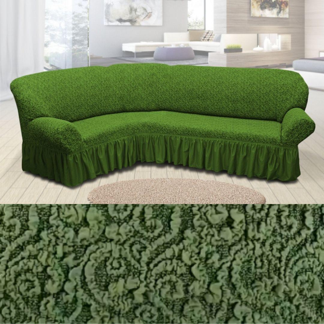 Накидка на кутовий диван, натяжні чохли на кутові дивани турецький Зелений жакардовий з оборкою, фото 1