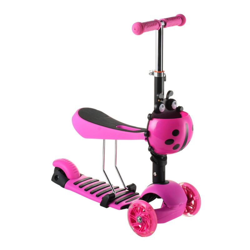 Беговел Scooter 17-1 від 1 року рожевий | триколісний самокат з кошиком, сидінням і світяться колесами