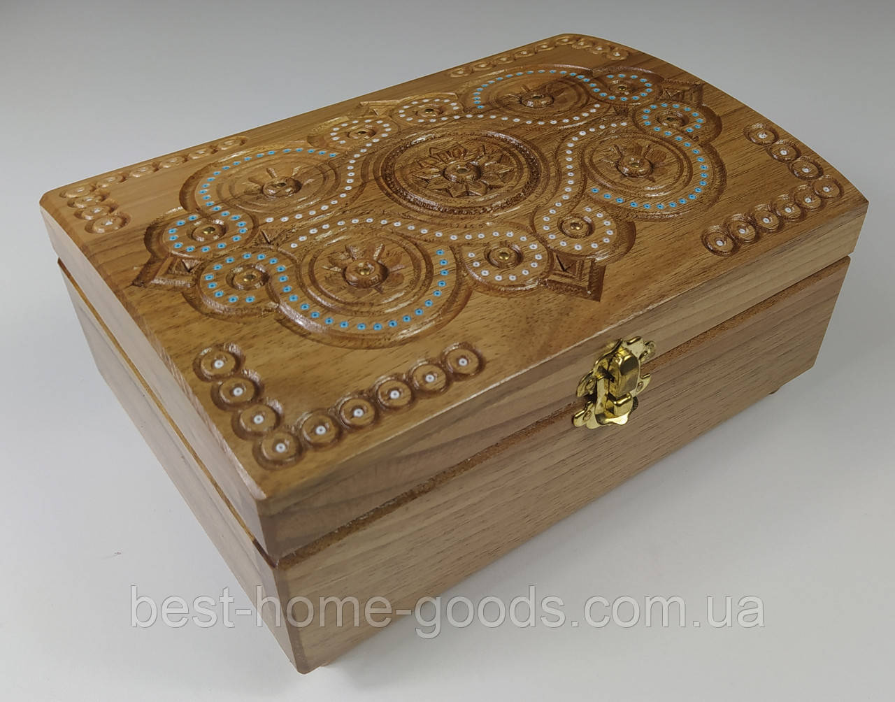 Різьблена скринька з горіха 21×15×9 см | Дерев’яна шкатулка з інкрустацією ручної роботи | Подарунок з Карпат, фото 1