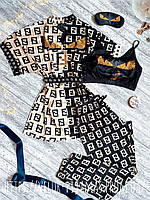 Комплект (пижама и халат) женский шелковый с принтом Fendi бежевый