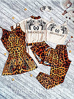 Комплект: пижама, ночнушка и халат женский шелковый с принтом Leopard оранжевый