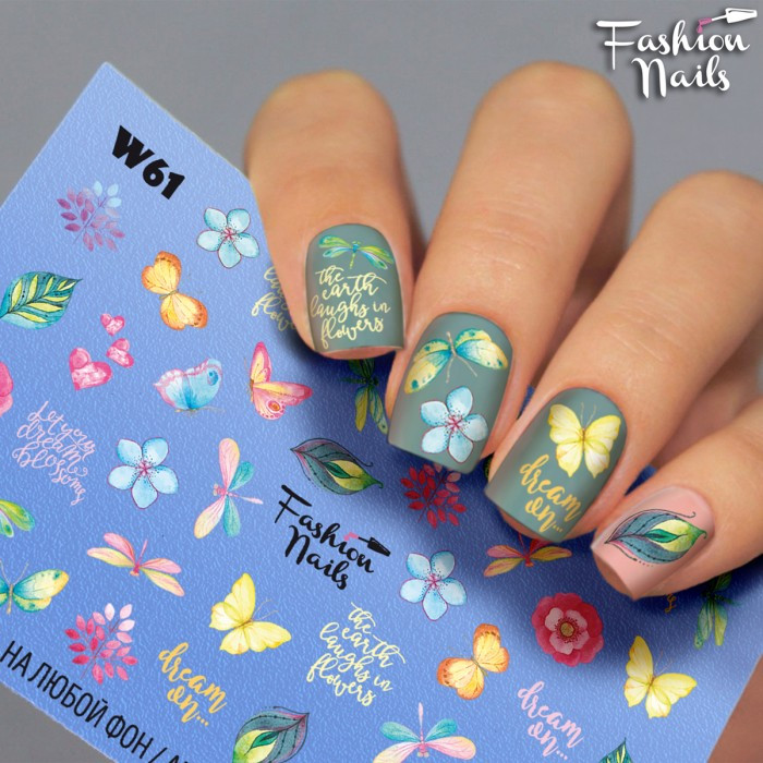 Слайдер-дизайн КВІТИ Метелики Бабка - Водні наклейки для нігтів Fashion nails W61 Наклейки Метелики на Нігті