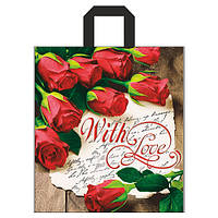 Подарочный пакет петля, 40х43, 25шт "Розы" | цветной полиэтиленовый пакет с петлевой ручкой