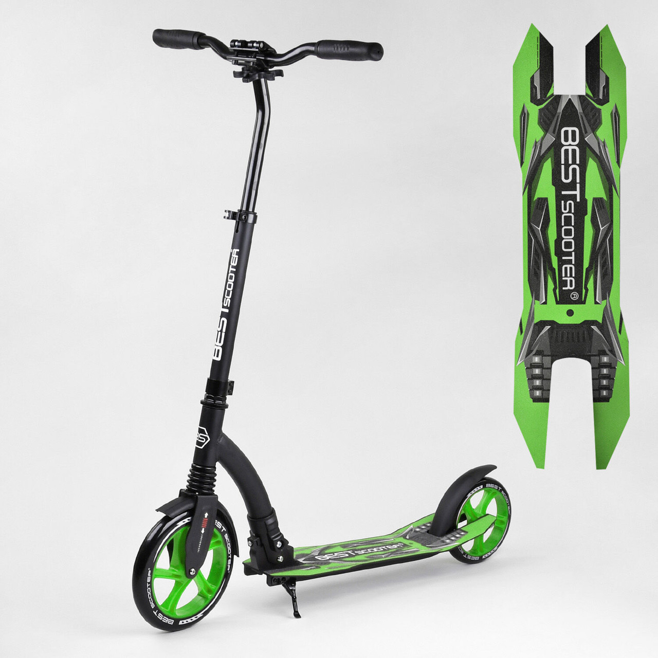 Двоколісний Самокат алюмінієвий Best Scooter 52266 PU колеса, передній аммортизатор, широкий кермо