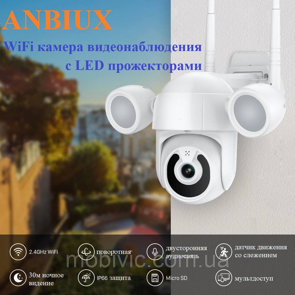 ANBIUX з LED-прожекторами — IP-камера Wi-Fi (віддалений перегляд), обертання, сигналізація — ORIGINAL