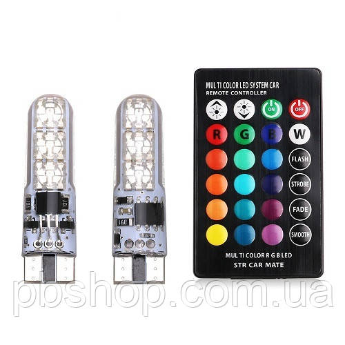 LED T10 W5W лампа в автомобіль 2шт з пультом ДУ, 6 SMD 5050, 16 кольорів